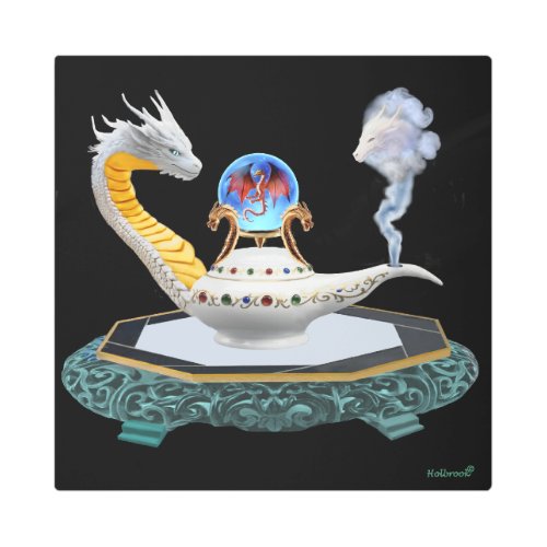 White Dragon and White Magic Lamp on Jade Pedestal Metal Print