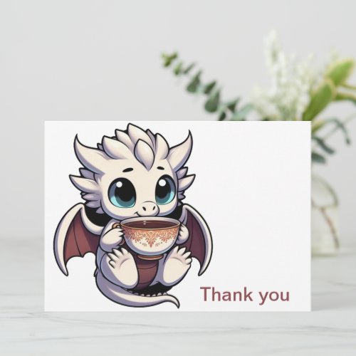 White Dragon Drinking Coffee Tea Thank You Card
