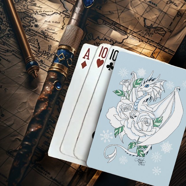 White Dragon Roses Snowflakes Blue Poker Cards (Creator Uploaded)