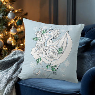 White Dragon Roses Snowflakes Blue Throw Pillow