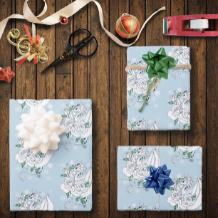 White Dragon Roses Snowflakes Blue Wrapping Paper Sheets