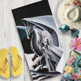 White Dragon Woman Fantasy Auroras Borealis Bath Towel