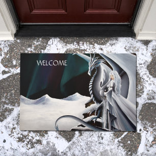 White Dragon Woman Fantasy Auroras Borealis Doormat