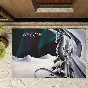 White Dragon Woman Fantasy Auroras Borealis  Doormat