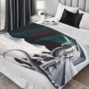 White Dragon Woman Fantasy Auroras Borealis Fleece Blanket