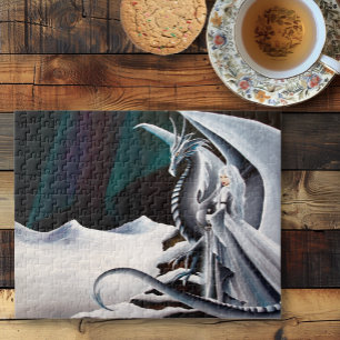 White Dragon Woman Fantasy Auroras Borealis Jigsaw Puzzle