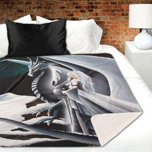 White Dragon Woman Fantasy Auroras Borealis Sherpa Blanket