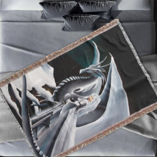 White Dragon Woman Fantasy Auroras Borealis Throw Blanket