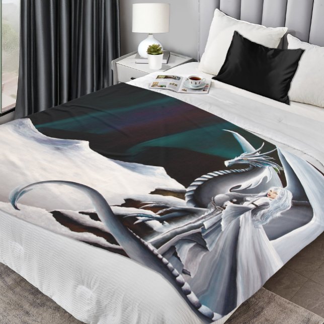 White Dragon Woman Fantasy Auroras Fleece Blanket (Creator Uploaded)