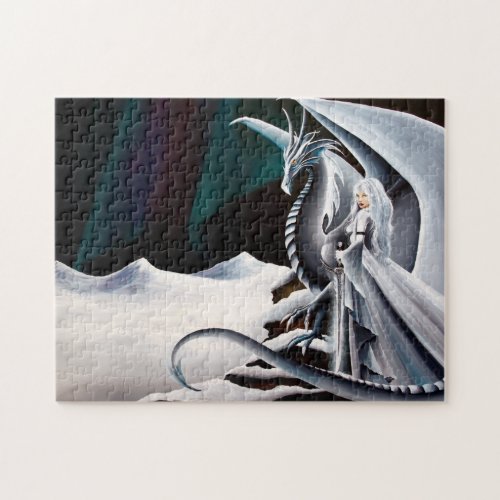 White Dragon Woman Fantasy Auroras Jigsaw Puzzle