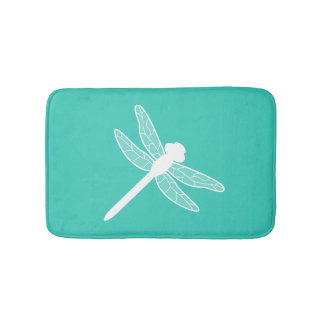 White Dragonfly Silhouette On Turquoise Bathroom Mat