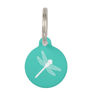 White Dragonfly Silhouette On Turquoise Pet ID Tag