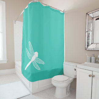 White Dragonfly Silhouette On Turquoise Shower Curtain