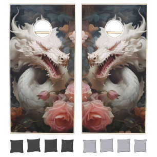 White Dragons and Pink Flowers Cornhole Set