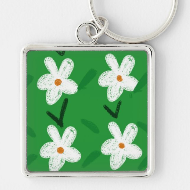 White Drawn Floral Pattern Flower Art Pattern Aest Keychain (Front)