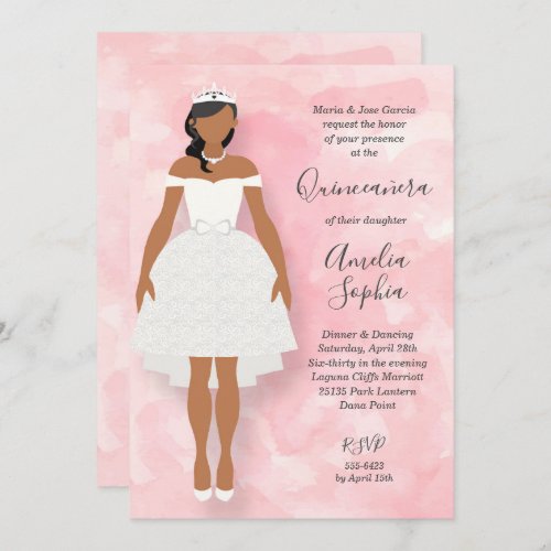 White Dress and Tiara Pink Quinceanera Invitations