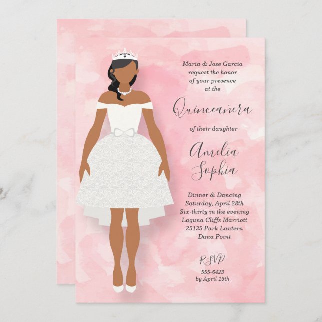 White Dress and Tiara Pink Quinceanera Invitations (Front/Back)