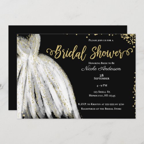 White Dress  Gold Glitter Black Bridal Shower Invitation