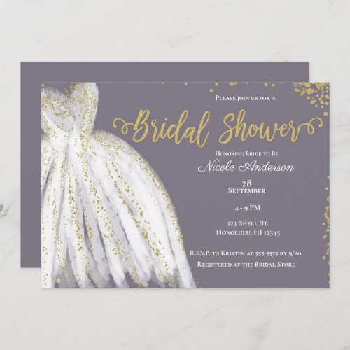 White Dress Gold Glitter Purple Grey Bridal Shower Invitation