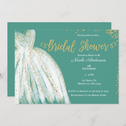 White Dress  Gold Glitter Teal Bridal Shower  Invitation