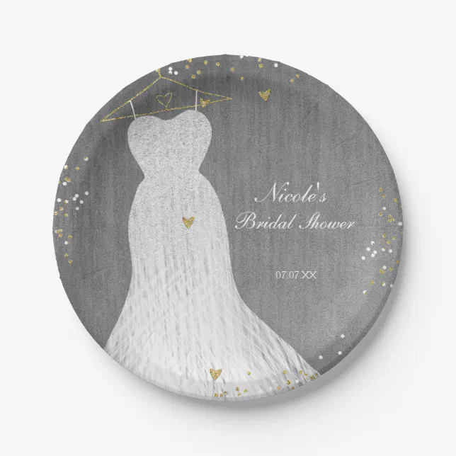 White Dress on Gold Hanger Bridal Shower Party Paper Plates | Zazzle
