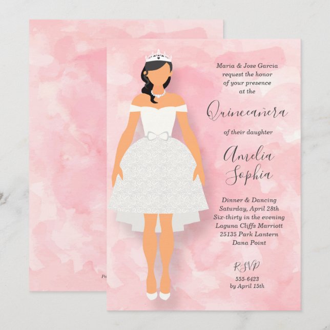 White Dress on Pink Quinceanera Invitations (Front/Back)