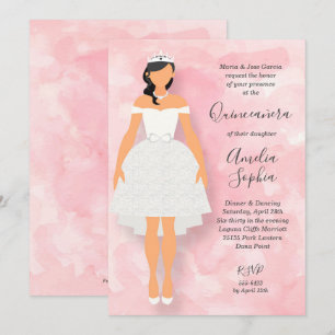 White Dress on Pink Quinceanera Invitations