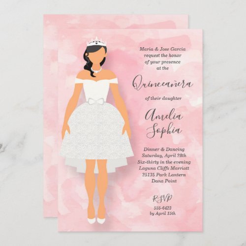 White Dress on Pink Quinceanera Invitations
