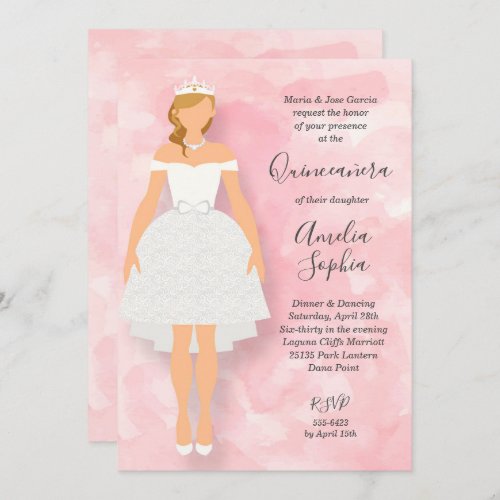 White Dress Pink Quinceanera Invitations