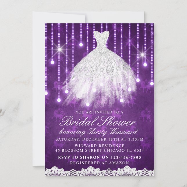 White Dress Purple Glamorous Bridal Shower Invitation (Front)