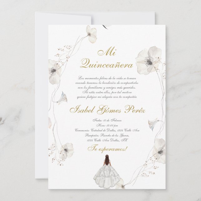 White dress Quinceanera silhouette spanish Invitation (Front)