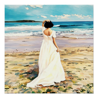 White Dress Walking on Tranquil Beach Shoreline Poster