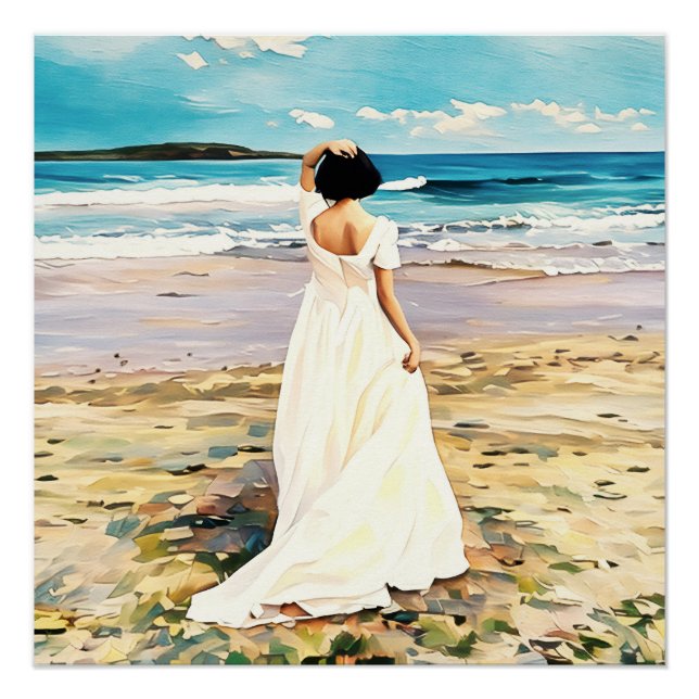  White Dress Walking on Tranquil Beach Shoreline Poster (Front)