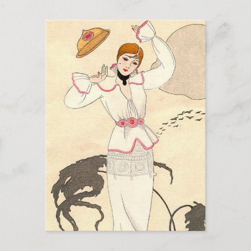 White Dress with Rose Belt by George Barbier Postcard