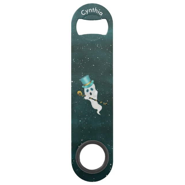White Dressed up Ghost Night Sky Hat Skull Cane Bar Key (Front)