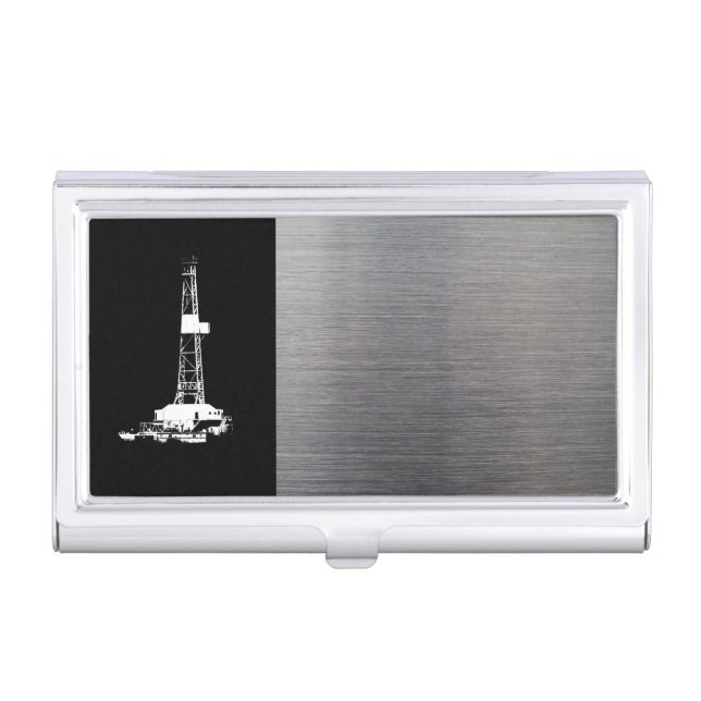 White Drilling Rig Silhouette Business Card Holder (Front)