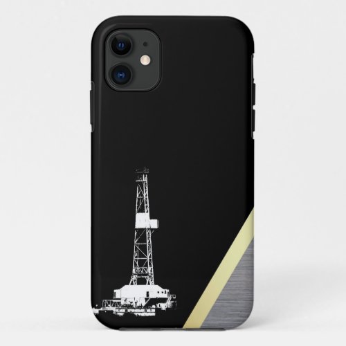 White Drilling Rig Silhouette on Black and Metal iPhone 11 Case