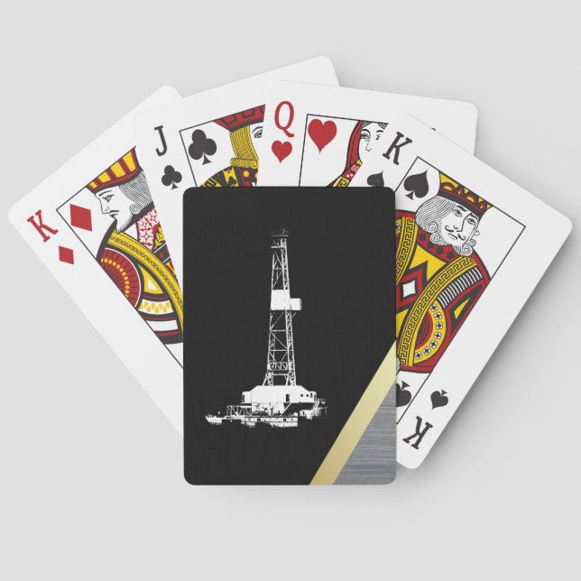 White Drilling Rig Silhouette on Black and Metal Poker Cards (Back)