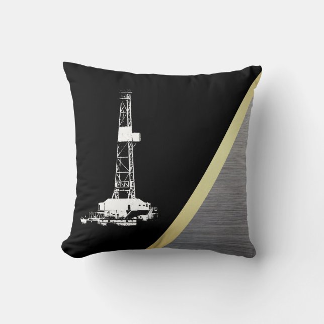 White Drilling Rig Silhouette on Black and Metal Throw Pillow (Front)