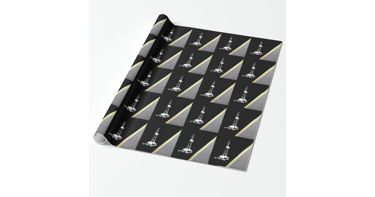 Oil Rig Wrapping Paper White Drilling Rig Silhouette on Black and Metal Wrapping Paper | Zazzle