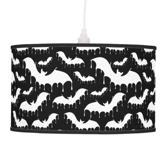 White Drippy Vampire Bats on Black Nu Goth Gothic Hanging Lamp (Front)