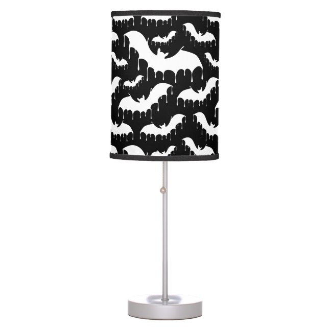 White Drippy Vampire Bats on Black Nu Goth Gothic Table Lamp (Front)