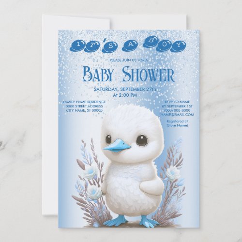 White Duck Blue Floral Baby Shower Invitation