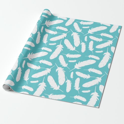 White Duck Feathers Teal Patterned Wrapping Paper