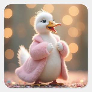 White Duck In Pink Fur Coat Square Sticker