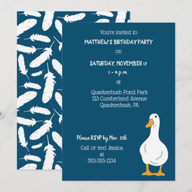 White Duck Navy Blue Birthday Party Invitation (Front/Back)