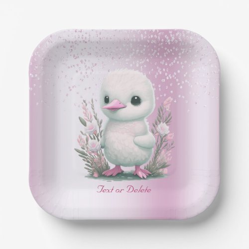 White Duck Pink Floral Paper Plate