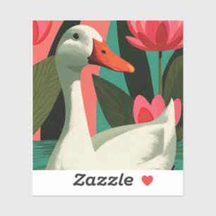 White Duck Pink Lotus Pond Illustration Sticker