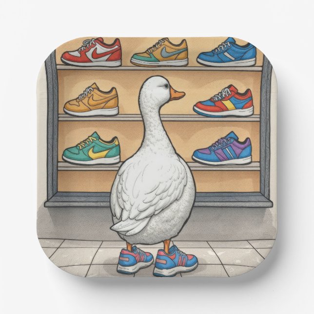 White Duck Window Shopping For Sneakers Paper Plates (Front)