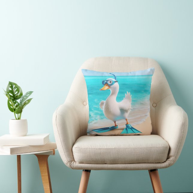 White Duck With Diving Gear On Beach Throw Pillow (Chair)